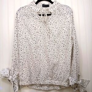 Gracia Long Sleeve White Black Polka Dots   Ties At Neck And At Cuff